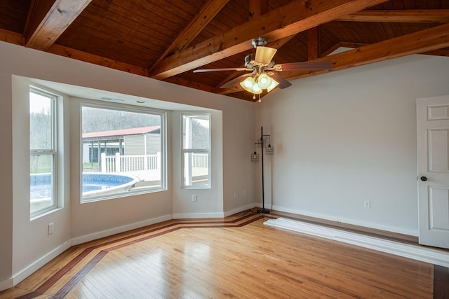 empty room with ceiling fan, light hardwood / wood-style flooring, wooden ceiling, and lofted ceiling with beams