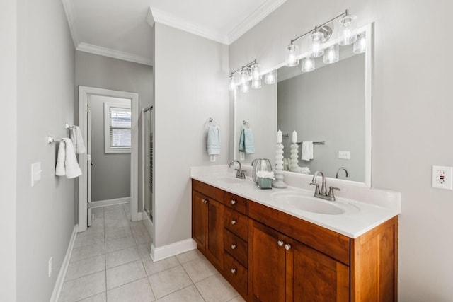 bathroom with an enclosed shower, vanity, tile patterned floors, and ornamental molding