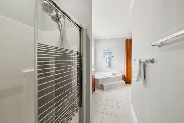 bathroom featuring tile patterned floors, ornamental molding, and independent shower and bath