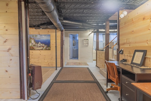 office space with wooden walls