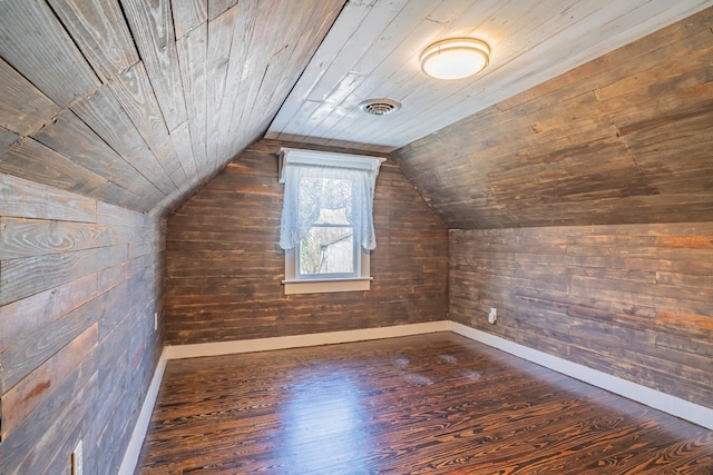 bonus room featuring dark wood-type flooring, wooden walls, and wooden ceiling