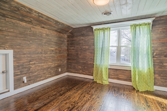 empty room featuring dark wood-type flooring, wood ceiling, and wood walls