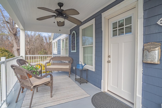 exterior space featuring ceiling fan and covered porch