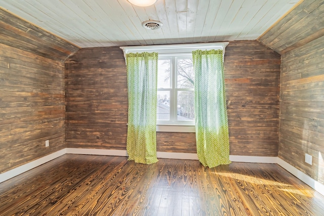 spare room featuring lofted ceiling, wooden walls, and wooden ceiling