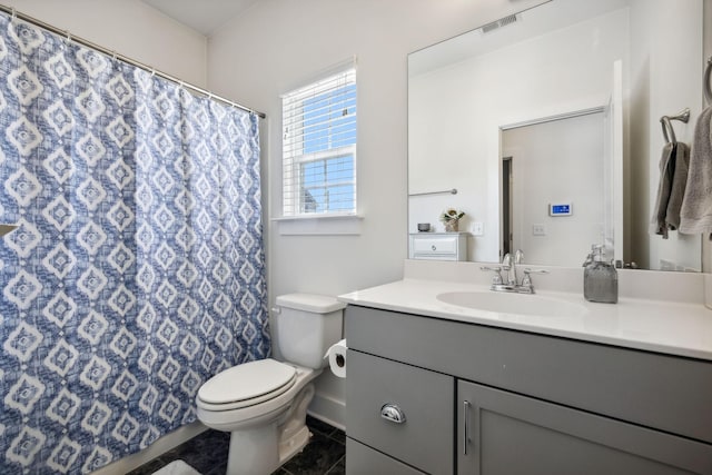 bathroom with vanity, tile patterned flooring, and toilet