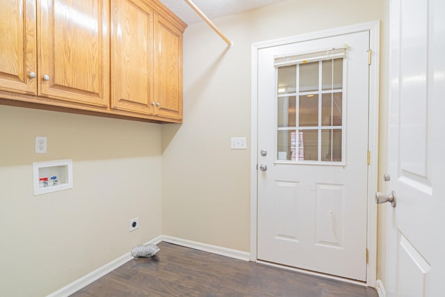 laundry room with hookup for an electric dryer, cabinets, hookup for a washing machine, and dark hardwood / wood-style flooring