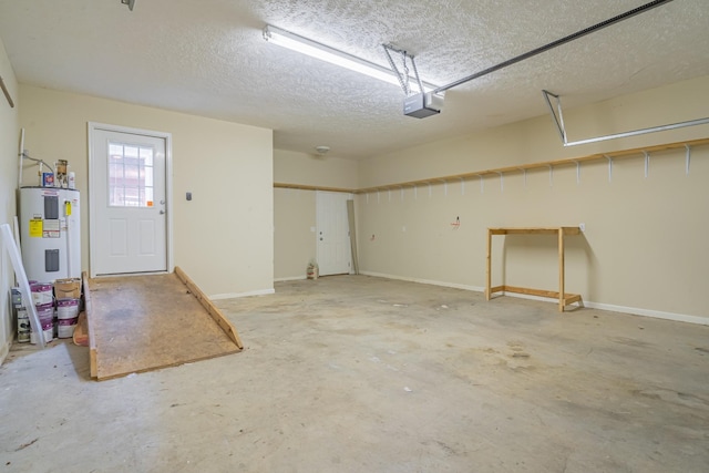 garage with a garage door opener and electric water heater