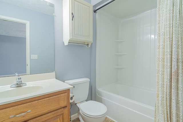 full bathroom with toilet, vanity, and shower / bath combination with curtain