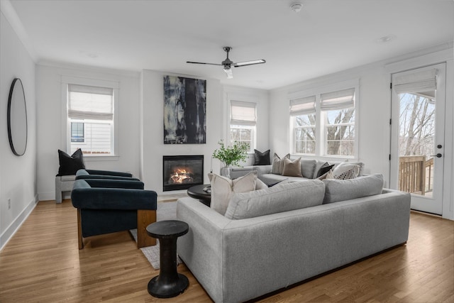 living room with plenty of natural light, ornamental molding, ceiling fan, and hardwood / wood-style floors