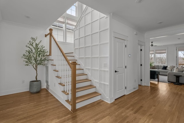 staircase featuring ceiling fan, hardwood / wood-style flooring, and crown molding