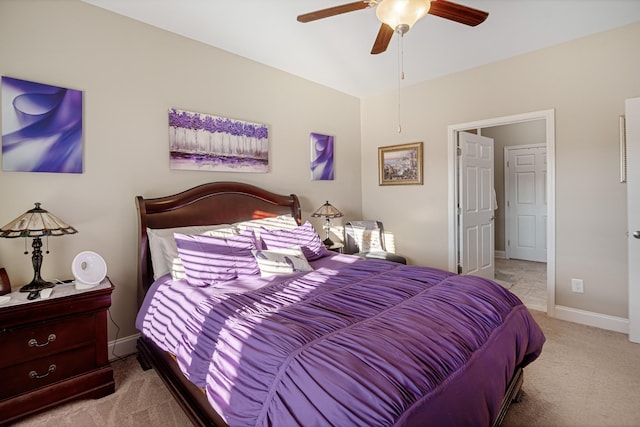 bedroom with light colored carpet and ceiling fan