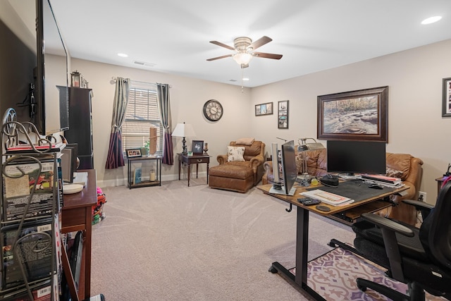 office featuring ceiling fan and carpet floors