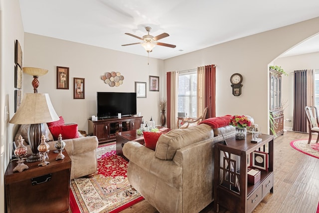 living room featuring ceiling fan and light hardwood / wood-style floors