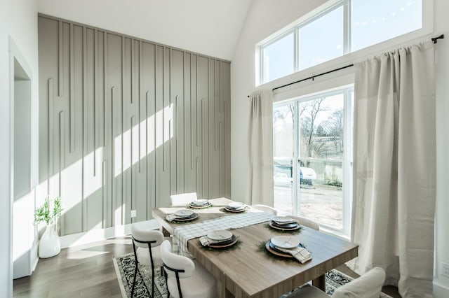 dining space with hardwood / wood-style flooring and lofted ceiling