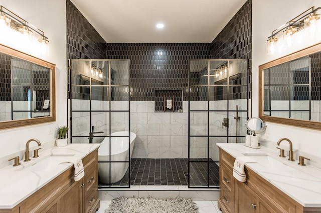 bathroom featuring vanity and a tile shower