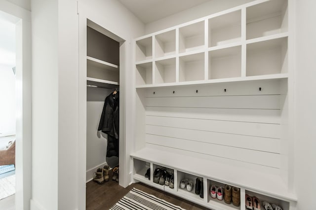 mudroom with dark hardwood / wood-style floors