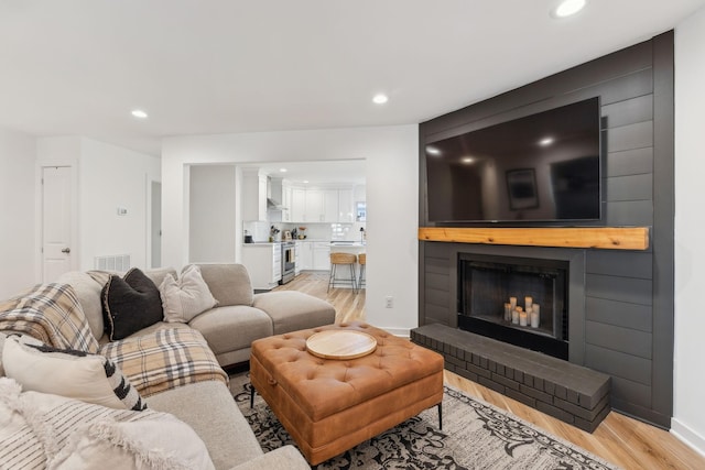 living room featuring a fireplace and light wood-type flooring