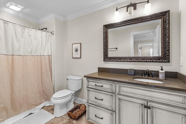 bathroom featuring curtained shower, toilet, tile patterned floors, vanity, and crown molding