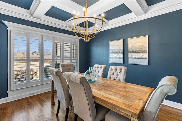 dining space with coffered ceiling, an inviting chandelier, crown molding, dark hardwood / wood-style flooring, and beamed ceiling