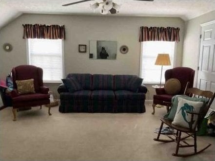 living room with carpet floors, ceiling fan, vaulted ceiling, and a wealth of natural light