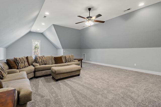 living room featuring ceiling fan, light colored carpet, and lofted ceiling