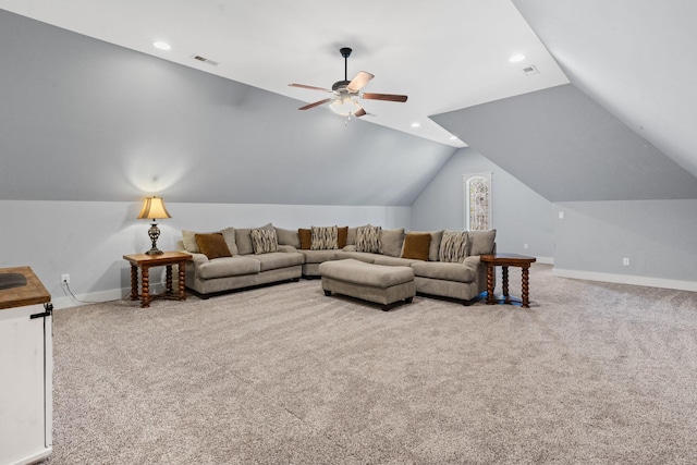 carpeted living room featuring lofted ceiling and ceiling fan