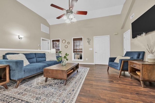 living room featuring dark wood-type flooring, high vaulted ceiling, and ceiling fan