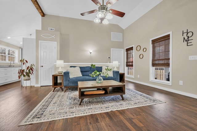 living room featuring beam ceiling, ceiling fan, dark hardwood / wood-style floors, and sink