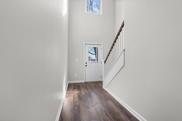 entryway with a high ceiling and dark hardwood / wood-style floors