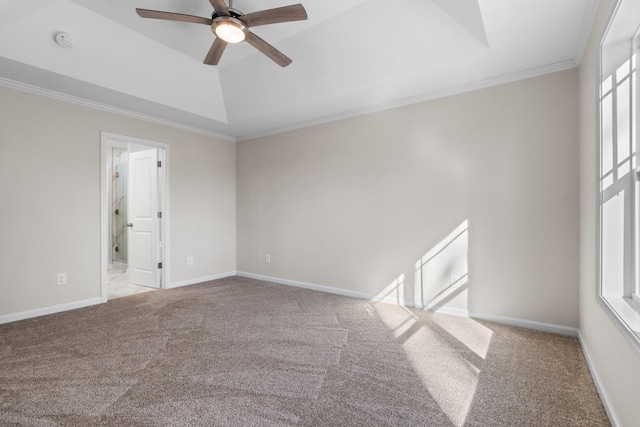 carpeted spare room featuring ceiling fan, a tray ceiling, and ornamental molding