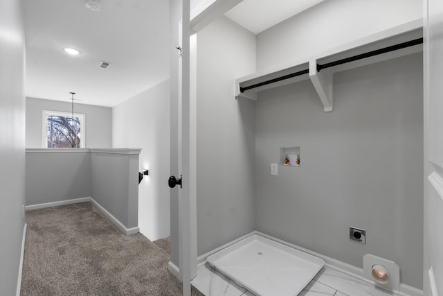 laundry room featuring washer hookup, light colored carpet, and electric dryer hookup