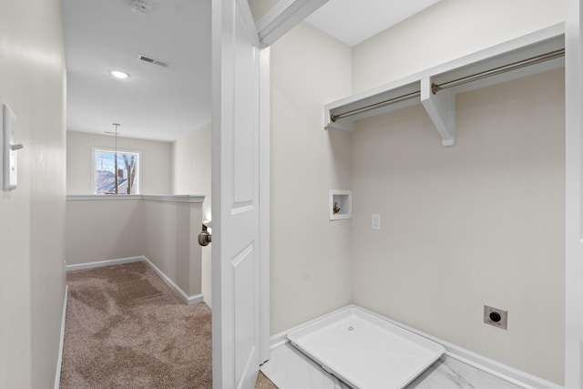 clothes washing area with carpet floors, hookup for an electric dryer, and hookup for a washing machine