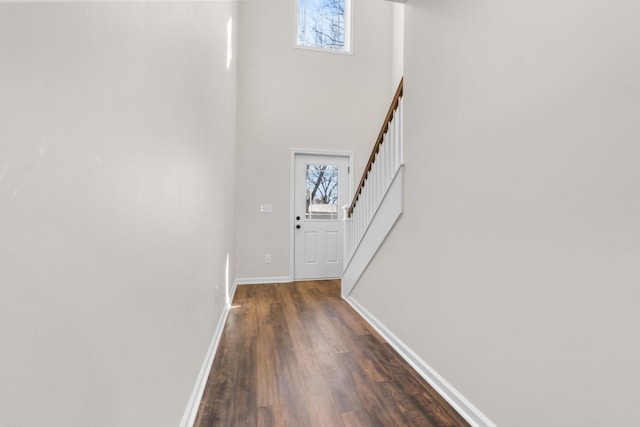 interior space with dark hardwood / wood-style floors and a towering ceiling