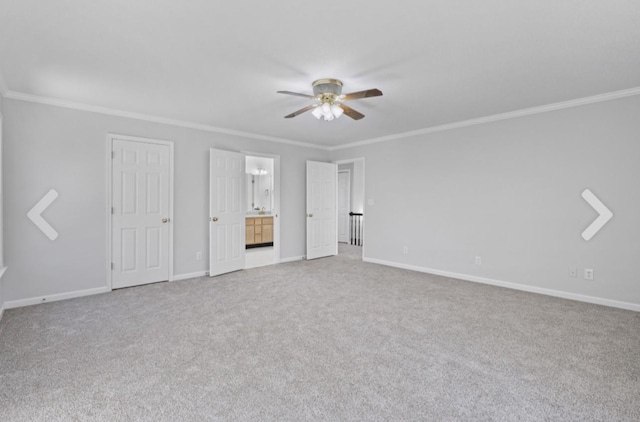 unfurnished bedroom with ceiling fan, connected bathroom, and ornamental molding