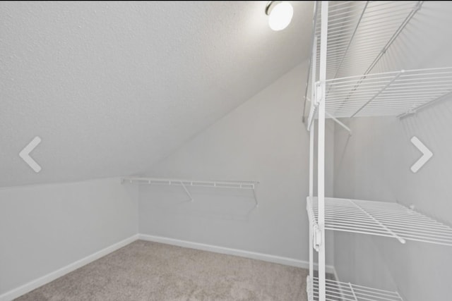 walk in closet with lofted ceiling and light carpet