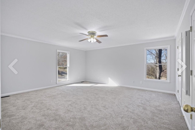 spare room featuring ornamental molding, ceiling fan, a wealth of natural light, and light carpet