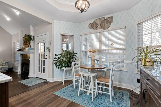 dining space with an inviting chandelier, a healthy amount of sunlight, and dark hardwood / wood-style floors