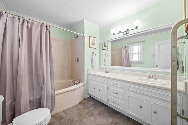 full bathroom featuring toilet, shower / bathtub combination with curtain, ornamental molding, and vanity