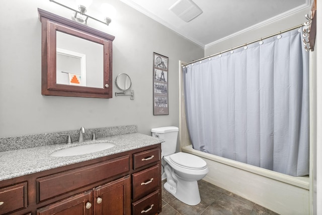 full bathroom featuring toilet, shower / bathtub combination with curtain, ornamental molding, and vanity