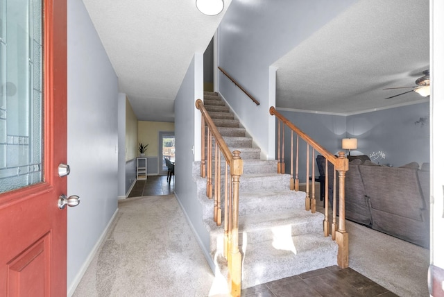 stairway featuring carpet flooring, a textured ceiling, and ceiling fan