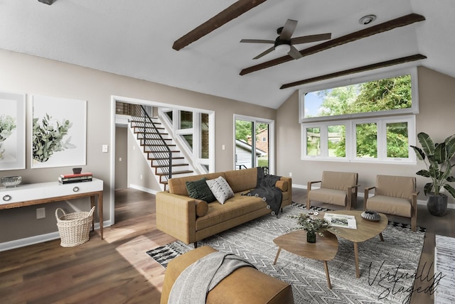 living room with vaulted ceiling with beams, hardwood / wood-style floors, and a healthy amount of sunlight