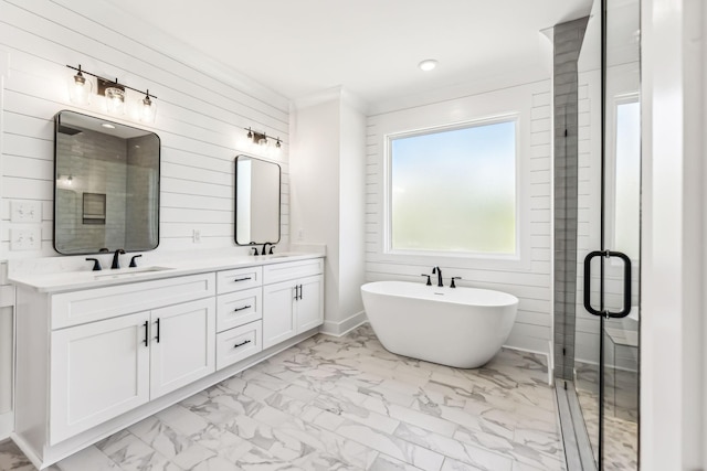 bathroom with wood walls, plus walk in shower, and vanity