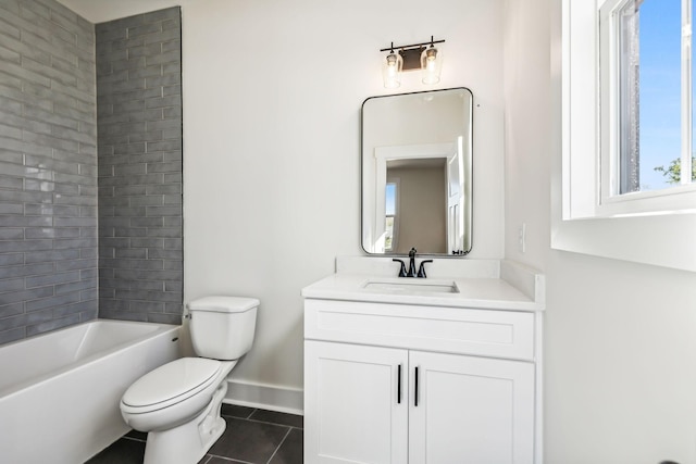 full bathroom featuring toilet, tile patterned flooring, vanity, and  shower combination