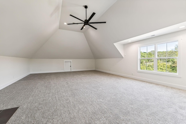 bonus room featuring vaulted ceiling, ceiling fan, and carpet