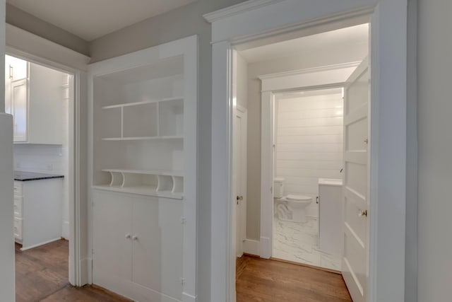 corridor with hardwood / wood-style flooring