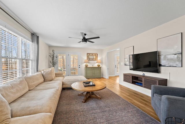 living room featuring ceiling fan and hardwood / wood-style flooring