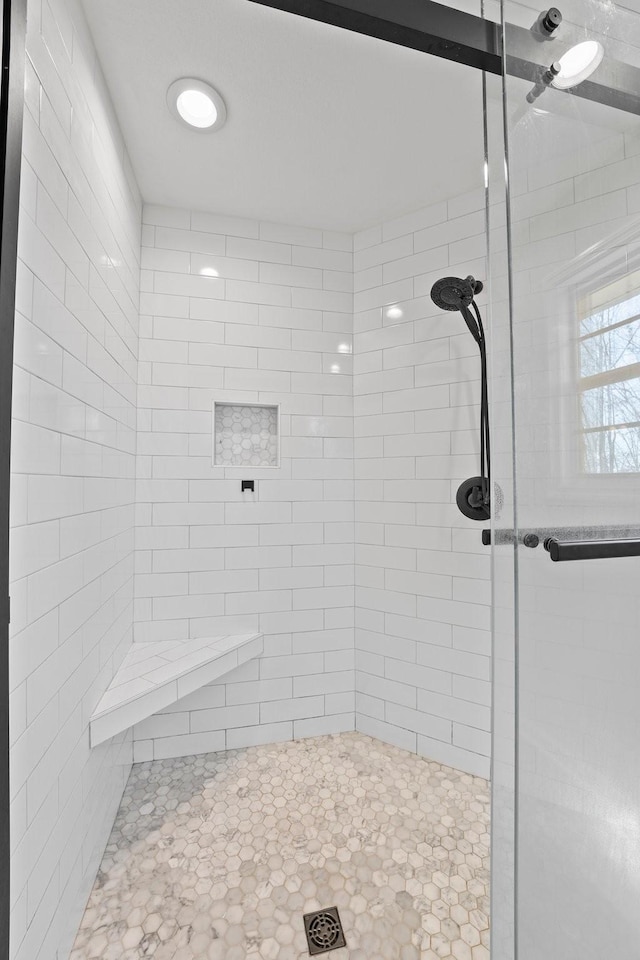 bathroom featuring a shower with shower door