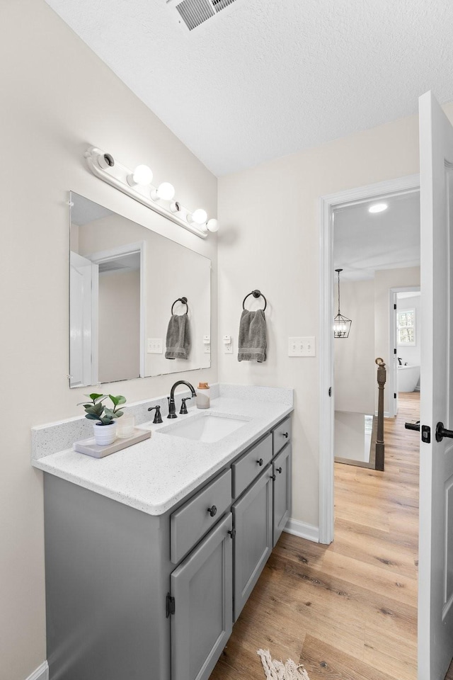 bathroom featuring vanity, a textured ceiling, and hardwood / wood-style floors