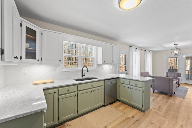 kitchen with sink, white cabinetry, dishwasher, and green cabinetry