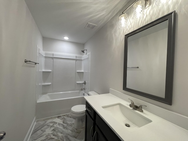 full bathroom with visible vents, toilet, shower / tub combination, marble finish floor, and vanity